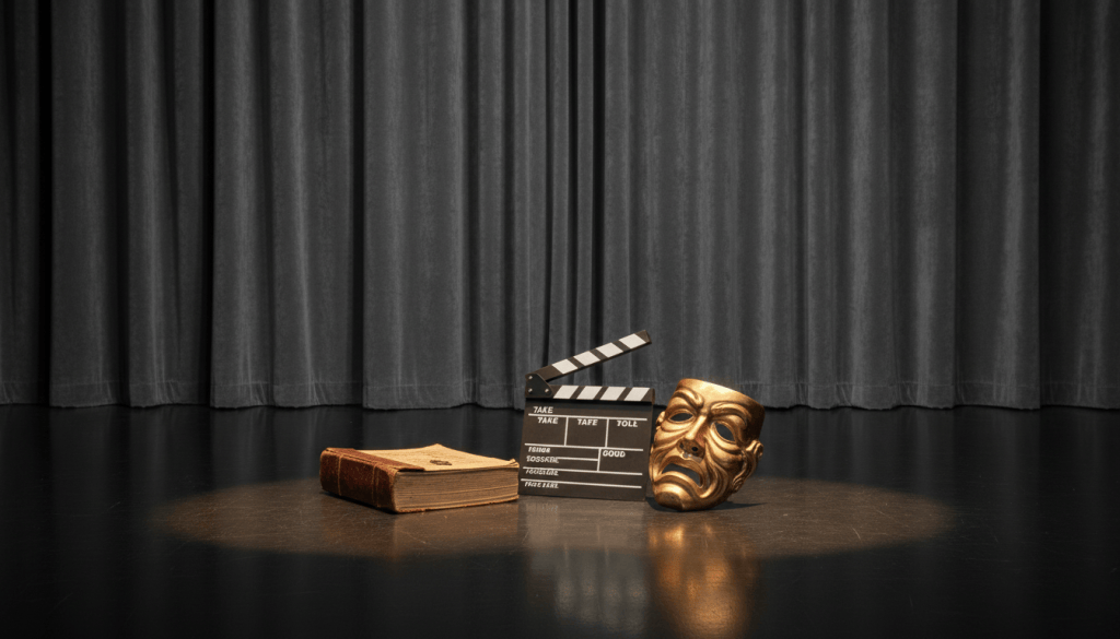A polished black stage floor with subtle reflections, featuring classic theater props—a well-worn script book, a vintage director’s clapperboard, and an ornate golden comedy-tragedy mask—resting in purposeful arrangement at center stage. The backdrop is a heavy, deep charcoal velvet curtain with soft folds and understated sheen. Soft, focused overhead spotlights cast gentle pools of light, accentuating clean lines and creating elegant yet gentle shadows across the stage, evoking a professional and reverent mood. Shot from an eye-level, centered composition with sharp detail throughout, the minimalist, photographic style echoes the disciplined, structured aesthetic of a professional African-American theater company.