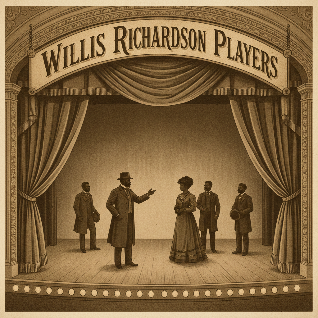 Square, realistic illustration of a classic theatre stage with open curtains, footlights, and a wooden floor, no photo-style border. On the backdrop above the stage, in large, clear, vintage lettering, it reads exactly: “WILLIS RICHARDSON PLAYERS”. Show silhouettes of Black actors performing on stage in period-appropriate clothing, but keep all of the text unobstructed and fully readable. Old-school, slightly aged feel in black-and-white or sepia, similar vibe to an archival photograph but clearly depicting a real stage, not a framed picture.